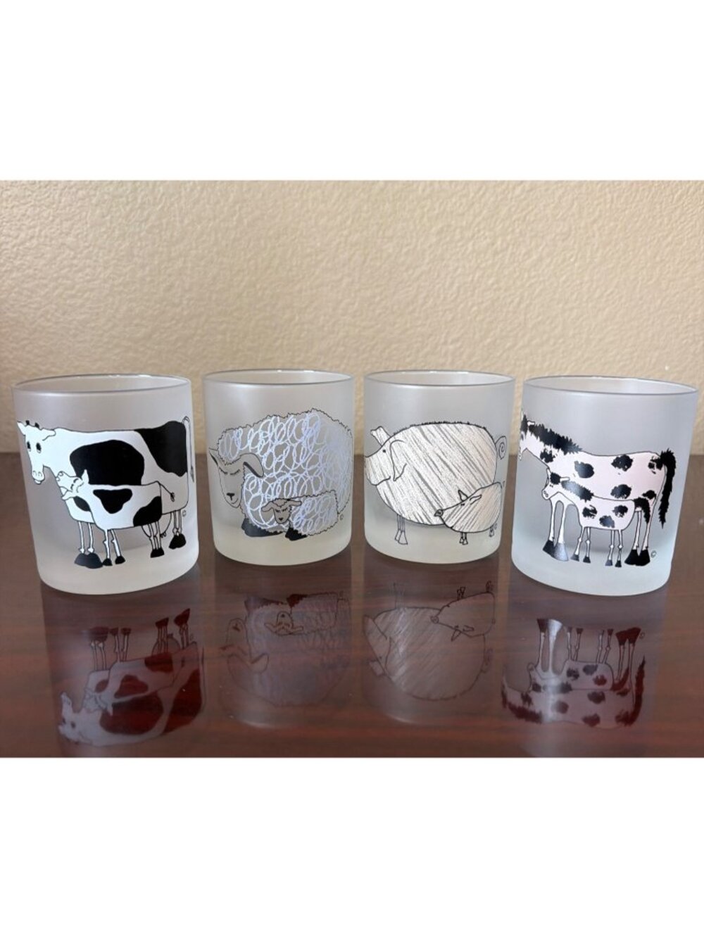 Set of 4 Vintage Dartington Frosted Glass Farm Animal Lowball Tumblers France 4"